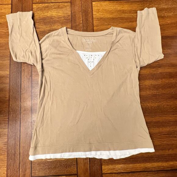 Faded Glory Perfect Fit Tan White Studded Long Sleeve Blouse Size XL - Picture 5 of 10